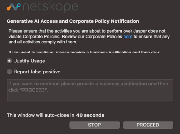 生成AI利用時にユーザーに提示する確認と申請のメッセージ（Netskope提供）